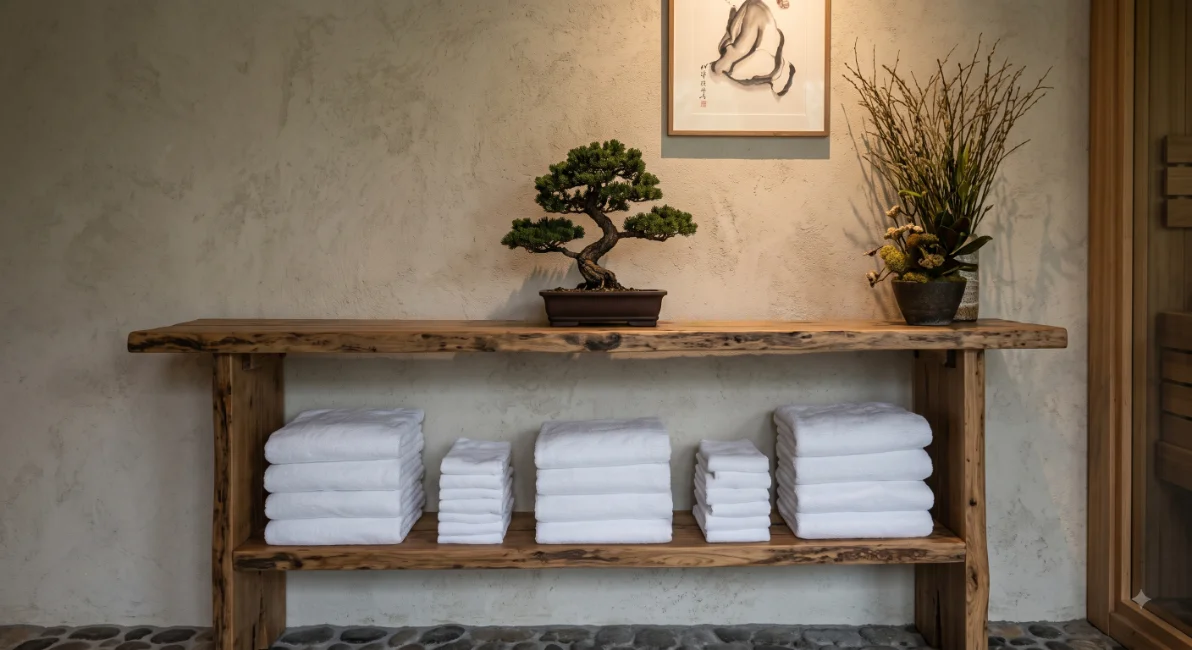A reclaimed-wood console holding folded white towels, a bonsai and dried botanicals against a plaster wall in the studio