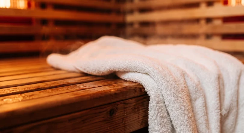 A folded white towel resting on the cedar bench of a warmly lit infrared sauna