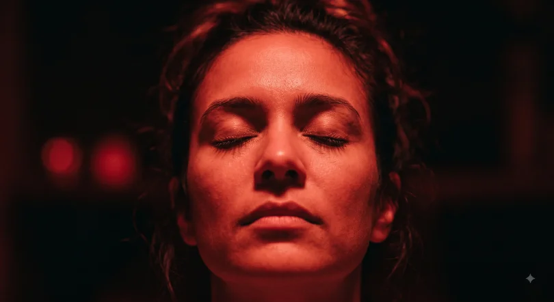 A person resting with their eyes closed, face lit by warm red light